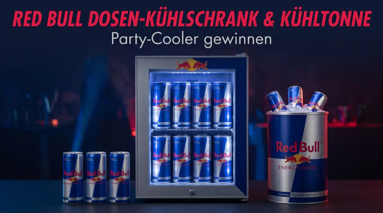 Red Bull Dosen-Kühltonne und Party-Cooler im Dosen-Design auf Rollen